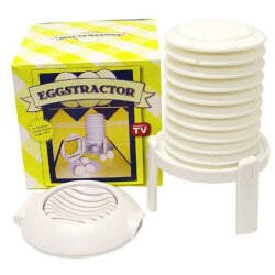 Eggstractor, $6.95, Introducing the amazing new and revolutionary Eggstractor! Tired of peeling eggs?.........Not anymore! Simply place a hardboiled egg into the Eggstractor, and out pops your peeled egg.
